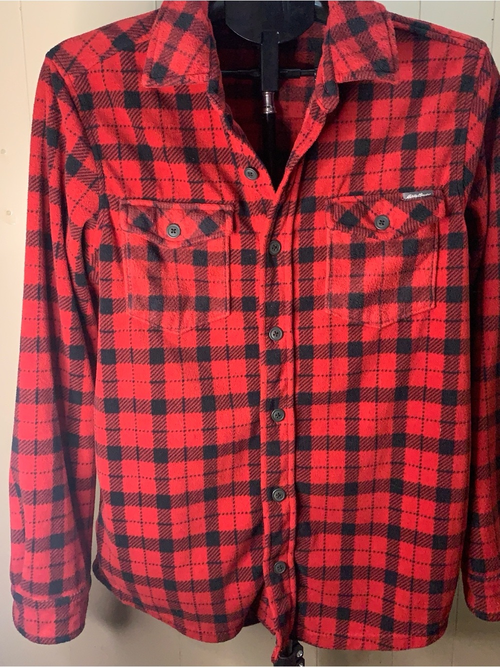 Men’s S Eddie Bauer Red & Black Plaid Fleece Button Shirt